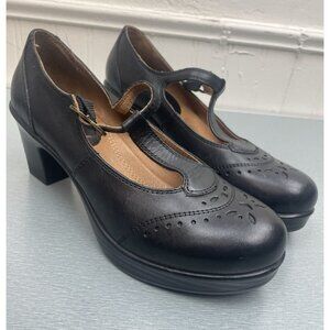 KRAVINGS T- Strap LINDSAY Black Leather Upper Block Heels Shoes Size 6M
